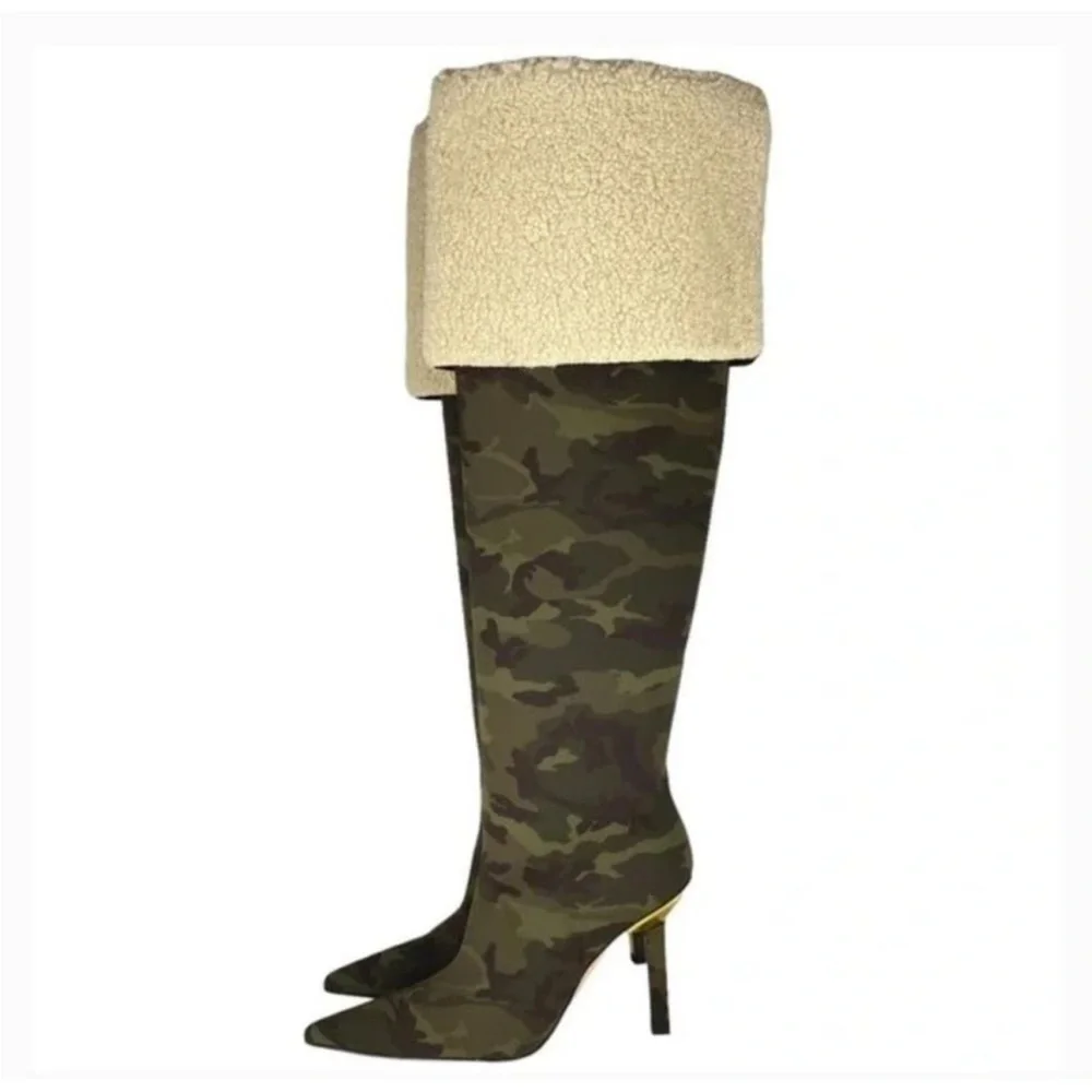 GOOD AMERICAN High Kickstand Camo Over The Knee Boots